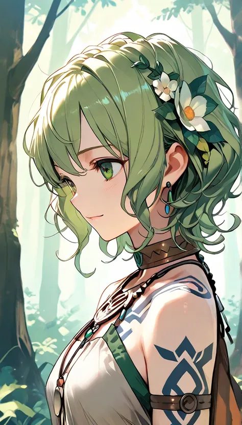  sure_Pos, score_9, score_8_above, score_7_above, score_6_above, score_5_above, score_4_above, 1 , Celtic girl ,  green hair, flowers in the hair,  short hair,  curly hair,  In the forest,  tribal tattoos, Celtic clothes, alone, gentle smile,  focus on the...