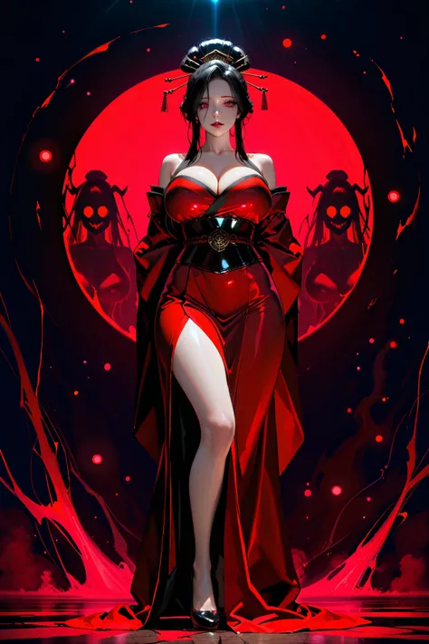 A girl with long loose black hair, crimson red eyes. Deep red lipstick, red eye shadow , very big breasts demon, geisha clothes , big breasts, ((arms behind back)), dragon, portrait, close up, big eyes, ulzzang, sparkling eyes, A charming girl, see ghosts,...