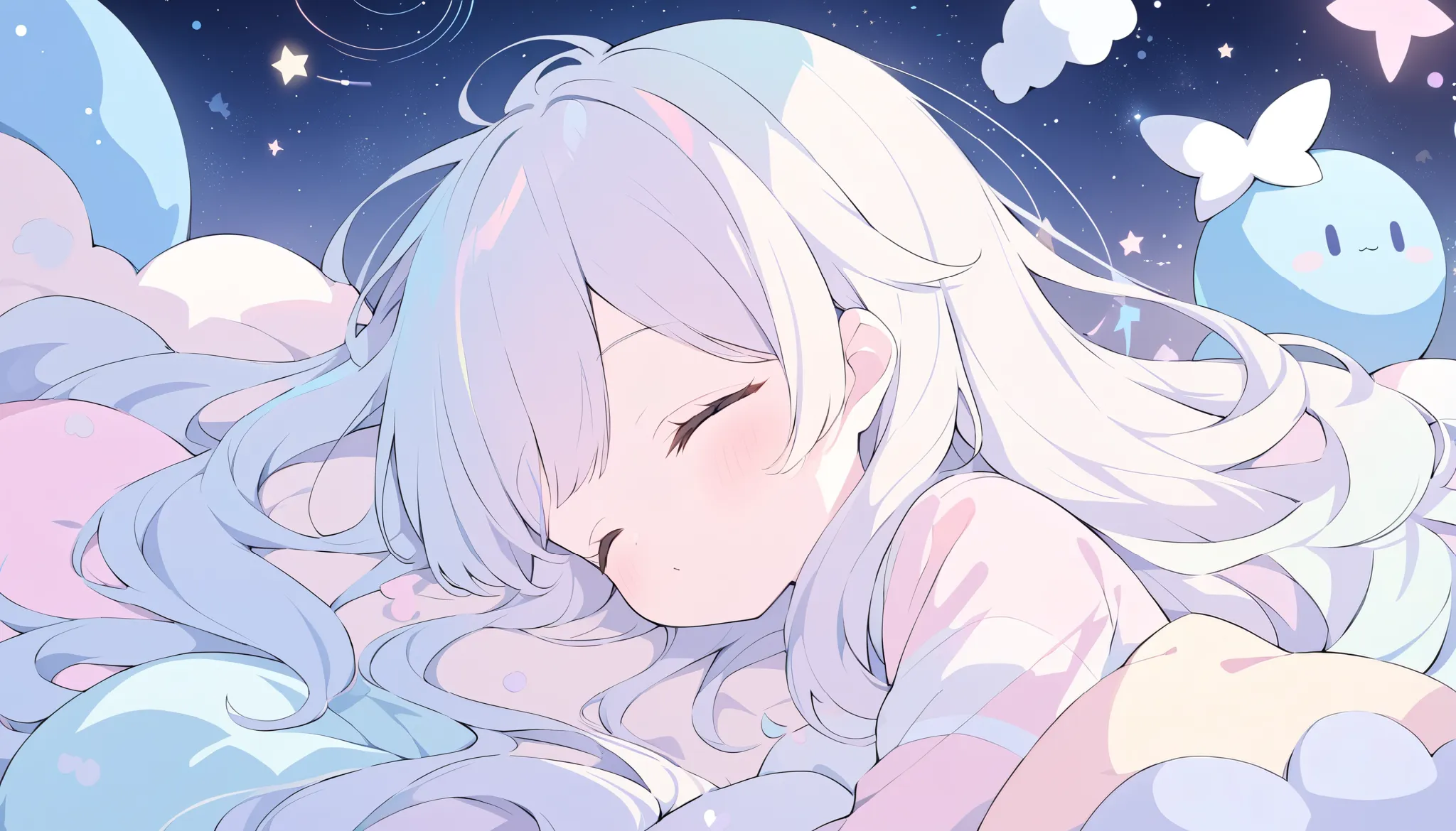 Winter starry sky,Girl sleeping in the air, pajamas, Fantastic,Abstract, cute, pastel colors ,A light touch,Light color, illust