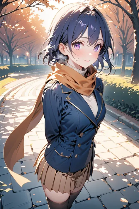 1 girl, masterpiece,  high resolution, accurate,  high detail, 
A stylish high school girl with short, striking blue hair and cool light purple eyes, standing in a quiet park at sunset. She wears a dark long coat over a fitted turtleneck sweater, a wool pl...