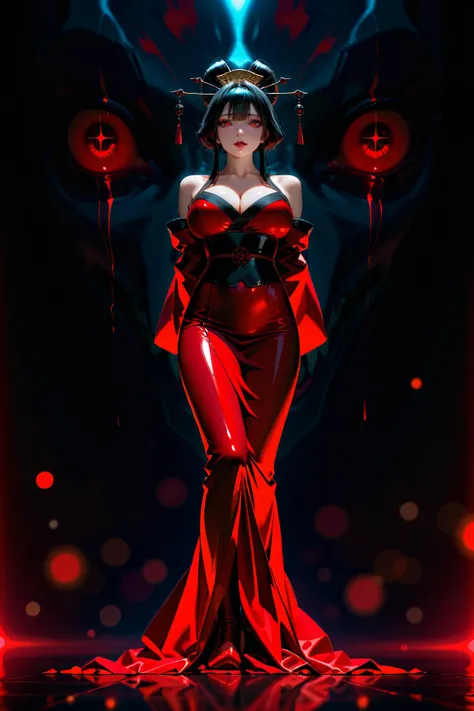 A girl with long loose black hair, crimson red eyes. Deep red lipstick, red eye shadow , very big breasts demon, geisha clothes , big breasts, ((arms behind back)), dragon, portrait, close up, big eyes, ulzzang, sparkling eyes, A charming girl, see ghosts,...