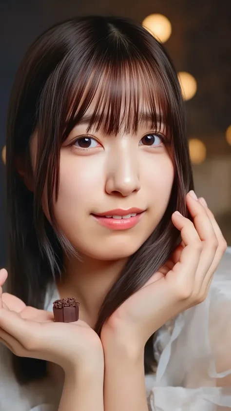 A gentle young woman with long silky hair and a soft smile, wearing a simple white blouse. She is close to the camera, softly holding a small chocolate truffle towards the viewer with a serene, inviting expression. The background is dim with soft, warm lig...