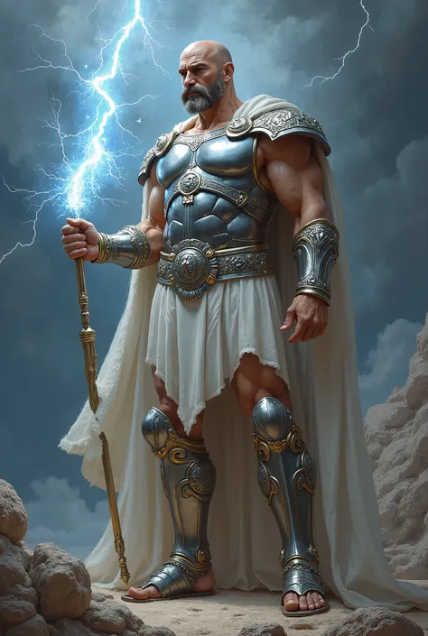 Zues holds a lightning bolt, skinny, shinning silver armor, sandal, slightly bald, moustache