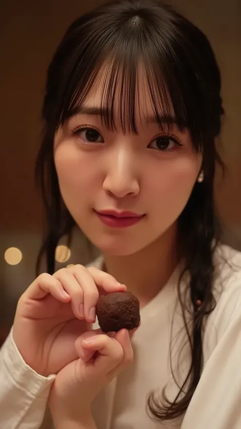 A gentle young woman with long silky hair and a soft smile, wearing a simple white blouse. She is close to the camera, softly holding a small chocolate truffle towards the viewer with a serene, inviting expression. The background is dim with soft, warm lig...