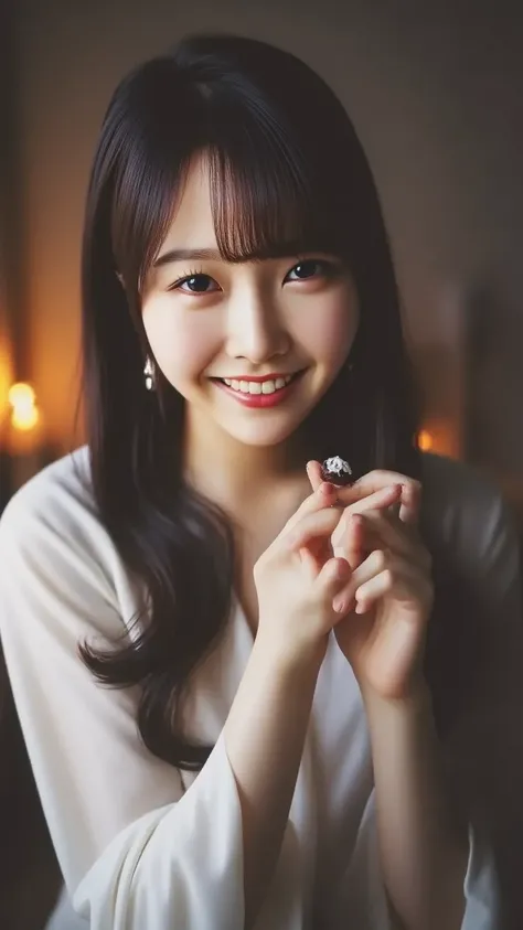 A gentle young woman with long silky hair and a soft smile, wearing a simple white blouse. She is close to the camera, softly holding a small chocolate truffle towards the viewer with a serene, inviting expression. The background is dim with soft, warm lig...