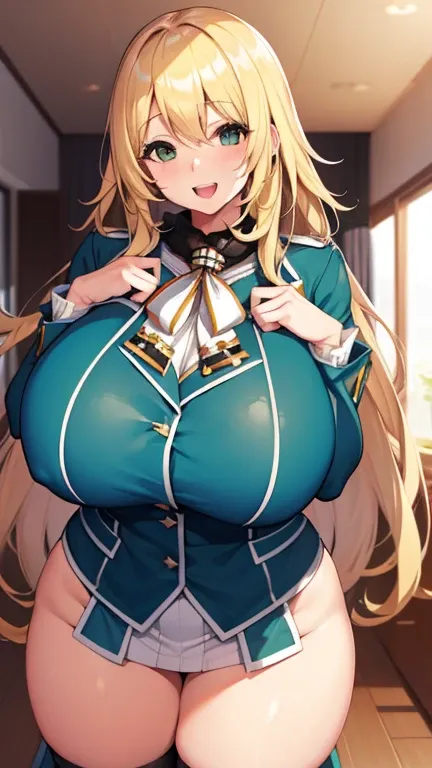 , Looking at Viewer,
blonde hair, large breasts, Smile, Open mouth, bsmile,wide hips,long hair,indoor,uniform,AtagoKC, (Atago) uniform,beley, ultra enormous gigantic breasts:1.6,