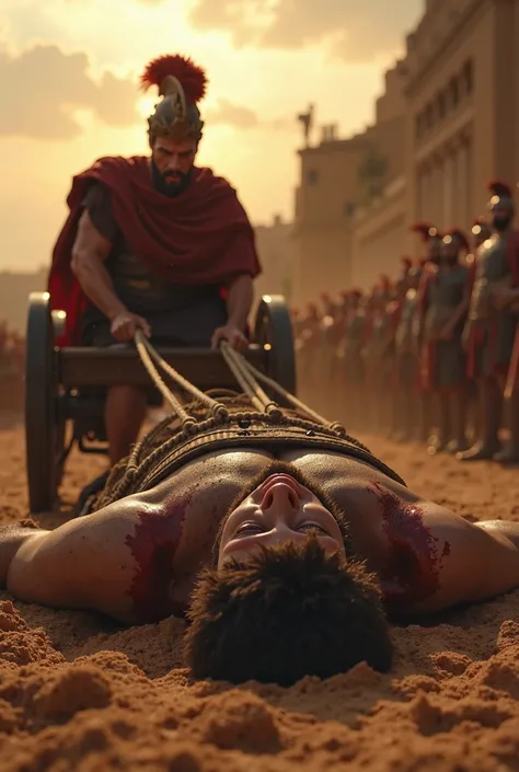 High realism, super quality, action photography style, ultra HD resolution, no fantasy, sci-fi or anime elements. Ancient Greece. Hector lay on the ground with blood flowing from his wound, his eyes starting to lose light. Achilles, with a cold and mercile...