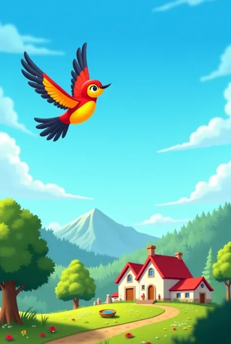 1. **Scene 1: Cheero flying over a small village with a nest in a tree.**
   - *Prompt:* "A beautiful bird flying over a quaint village, with a small nest visible in a tree below, under a bright blue sky."