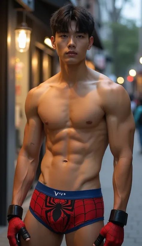 Handsome and sexy Korean tenageer, young, boy, shirtless, Spidermam underwear open on one side and showing his sixpack abs, muscular, sixpack, young, front view, Korean idol, biceps and triceps, Spiderman gloves, photo realistic, realistic, 8k, UHD, sexy, ...