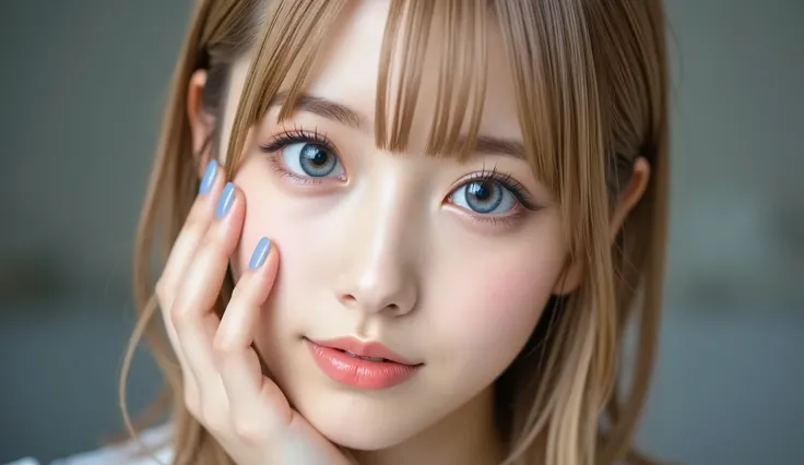 With blue eyes、 close-up of a young blond woman in the background . staring straight at the camera with a strong gaze . her right hand touches her face , I'm spreading my fingers slightly across my cheeks and lips , with light blue nail...