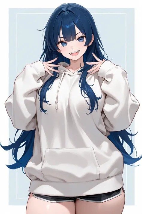 girl, long hair that reaches the waist hair color is navy blue, navy blue eyes,  sharp teeth, oversized sweatshirt with long sleeves that cover your hands the sweatshirt is burgundy in color, extremely short black shorts, the girl has thick thighs.