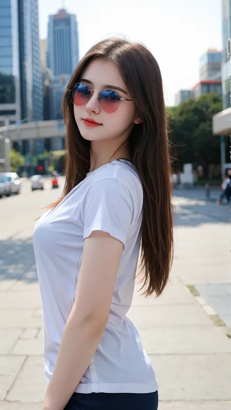 pretty girl, beautiful, baby face, 20 years old, White skin, beside, Sexy pose, Red long T-shirt, blue eyes, Bokeh, City background, masterpiece, Request a hug, full-body shot, Open your arms, sunglassess