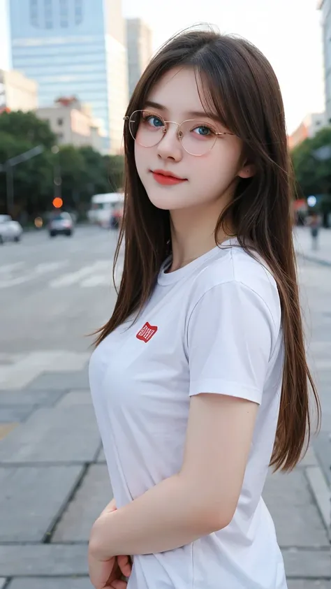 pretty girl, beautiful, baby face, 20 years old, White skin, beside, Sexy pose, Red long T-shirt, blue eyes, Bokeh, City background, masterpiece, Request a hug, full-body shot, Open your arms, sunglassess