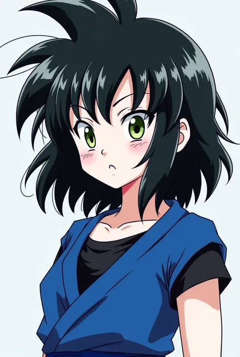 Dragon Ball Super is a girl with medium hair she is black she is a human Android sayajin her skin is white like Goku her eyes are different colors one is green and the other is black her clothes are identical to Goku's but in blue 