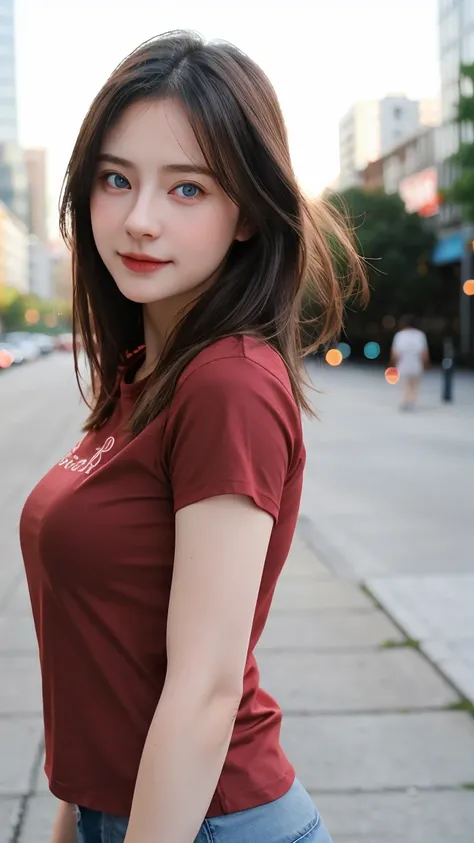 pretty girl, beautiful, baby face, 30 years old, White skin, beside, Sexy pose, Red long T-shirt, blue eyes, Bokeh, City background, masterpiece, Request a hug, full-body shot, Open your arms, sunglassess