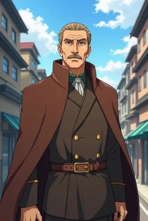 Yamagata is a tall man with light brown hair that is brushed back, thin eyebrows, a handlebar mustache, and wrinkles around his face. Yamagata wears a brown military uniform, and a brown cloak, solemn facial expression, showing years of wisdom, craftiness,...