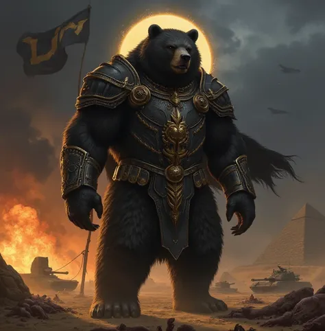 God-like Dark Bear, Shadow bear, armored Warrior Bear, he is a protector, dark aura, aura, dark energy, LUM flag, dead zombies on the ground, black and gold armored fur, with a few luxurious onyx jewels, standing in two feet, highly detailed, dark fantasy ...