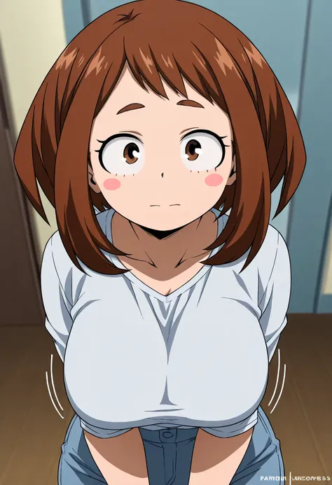  uraraka ochako,  1girl , brown hair,brown eyes,short hair, blush stickers、 My Hero Academia、motion line、 Anime Coloring、1koma、Big Tits、mature female、 Masterpiece、 high quality、 high image quality、 pretty finger、 detailed face