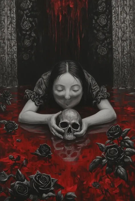 A gothic-inspired oil painting featuring a girl lying on a pool of deep red water, surrounded by elegant black roses. Her eyes are closed, and she holds a detailed skull in her hands, symbolizing mystery and introspection. The scene is rich with intricate ...