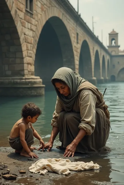  Poor mom washing clothes on the banks of a river in the city of Verona, under the Castelvecchio Bridge in the mid-1800s, Her  toddler helps her by spreading his clothes out in the sun