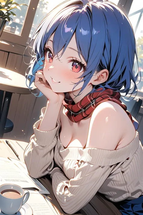 1 girl, masterpiece,  high resolution, accurate,  high detail, 
A high school girl with short, vibrant blue hair and deep red eyes, sitting in a modern café on a winter afternoon. She wears an off-shoulder knit sweater, revealing a hint of her collarbone, ...