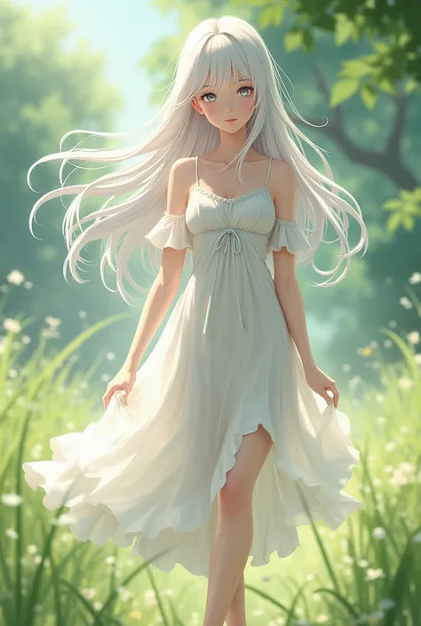 anime young adult female, long white hair, silver eyes, white summer dress, bare feet