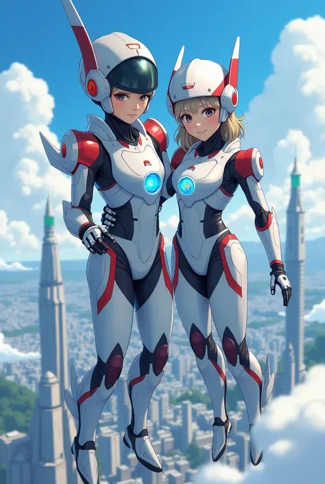 Japanese manga art. A short boy android and a short girl android, huging each other, over the skies of a futuristic city with friendly. Them sleek, aerodynamic armor is primarily white, accented with red and black, forming a high-tech bodysuit. A glowing b...