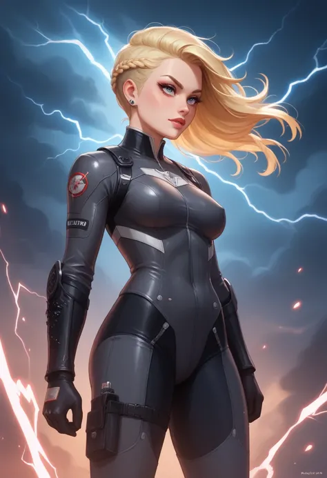 Amidst a stormy night, with lightning crackling across a dark and ominous sky, stands the formidable Thunder Ranger—a fierce yet youthful warrior. Her delicate, loli-like face contrasts with her intense presence, her piercing eyes reflecting the electric f...