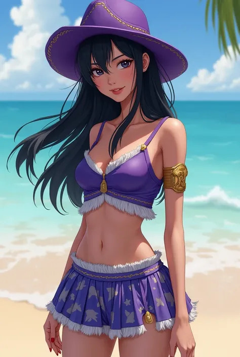 A hyper-realistic portrait of Mina from TWICE dressed as Nico Robin from One Piece, using the outfit and style shown in the reference image. Mina should have her long black hair flowing naturally, wearing a purple sleeveless crop top with white fringe deta...