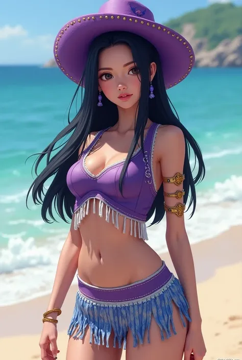 A hyper-realistic portrait of Mina from TWICE dressed as Nico Robin from One Piece, using the outfit and style shown in the reference image. Mina should have her long black hair flowing naturally, wearing a purple sleeveless crop top with white fringe deta...