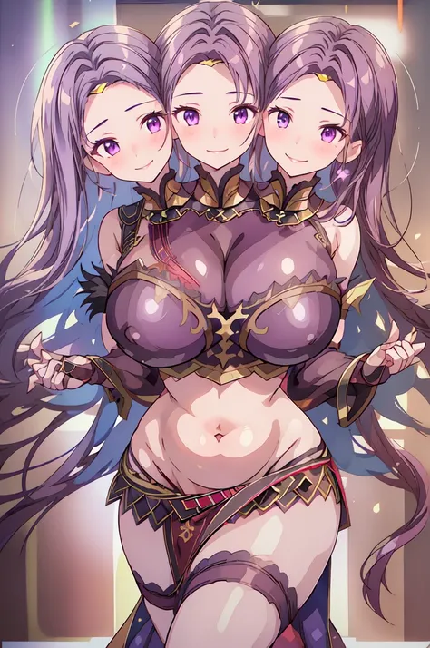 (masterpiece, best quality), best resolution, (3heads:2.0), 1girl, dark violet hair, long flowing hair, smiling, seductive smile, smirk, open belly, dark purple crop top, dark purple miniskirt, open breasts, very huge tits, sexy pose, alluring presence, vi...