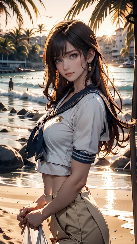  idol trying to pick up , long hair ,  straight hair , round face , bust up ,  sailor suit  ,  as pictured , Golden sand beach at sunset 