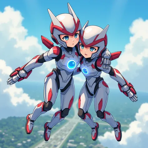 Japanese manga art. A short boy android and a short girl android, huging each other, over the skies of a futuristic city with friendly. Them sleek, aerodynamic armor is primarily white, accented with red and black, forming a high-tech bodysuit. A glowing b...