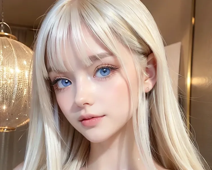 A very beautiful white girl、 silky super long platinum blonde hair 、 beautiful sexy girl with a very cute face、clear, beautiful, very bright light blue eyes、 white princess dress 、 long hair, bangs,  Gold, 目の間のbangs, とても long hair,  hair to hide one eye,  ...