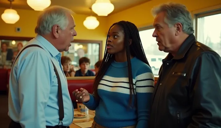 "A tense confrontation inside a classic American diner with warm yellow lighting. A young Black woman with long braided hair stands in the center, wearing a blue and white sweater. She looks calm but firm, slightly raising her hand as if explaining somethi...