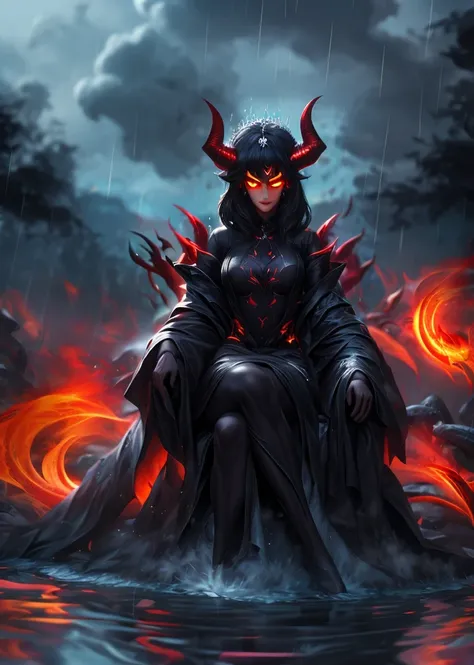 Demon woman sitting in the rain. Her reflection in the water looks like a shadow in flames and black smoke 