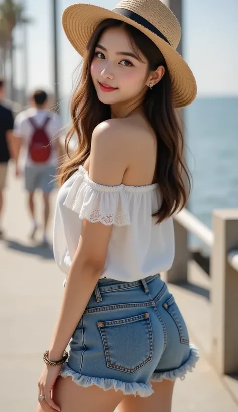 The full-body photo of a beautiful and attractive 20-year-old woman showing in a flirtatious pose against the backdrop of the pier at Third Street Promenade.
A strong light shines on her, making her appear bright and radiant.
Her beautiful long hair is flu...