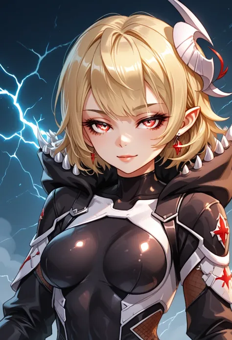 Amidst a stormy night, with lightning crackling across a dark and ominous sky, stands the formidable Thunder Ranger—a fierce yet youthful warrior. Her delicate, loli-like face contrasts with her intense presence, her piercing eyes reflecting the electric f...