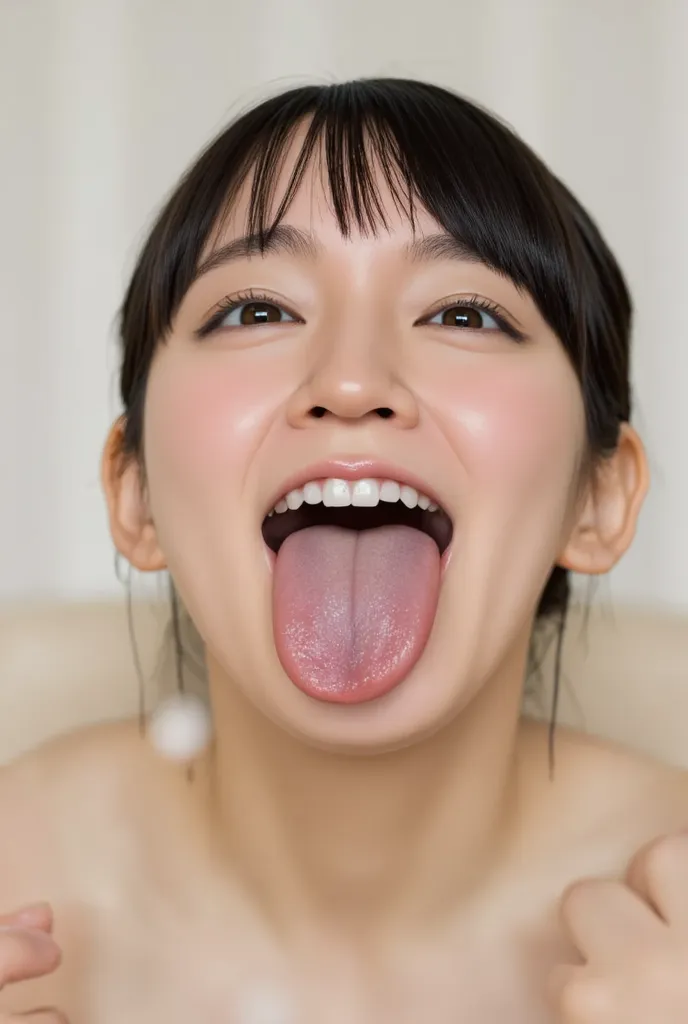 A tongue full of saliva is just the right length of tongue that doesn't catch your eyes 32k 8k super high image quality masterpiece, well-groomed face, realistic eyes, high brightness, real eyes, eyes wide open, like in a photo, focus on the face, smile, s...