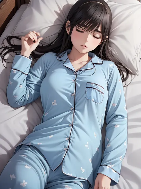     kampala ,In 8K,   top quality,   Details,  semi-realistic anime, 3D animation style ,   Smooth Anime CG   , long hair, black hair,(a girl sleeping on bed:1.5),(lying back down:1.1),(medium breasts:1.3),(nether region:1.3),(closed eyes:1.2),(troubled ey...