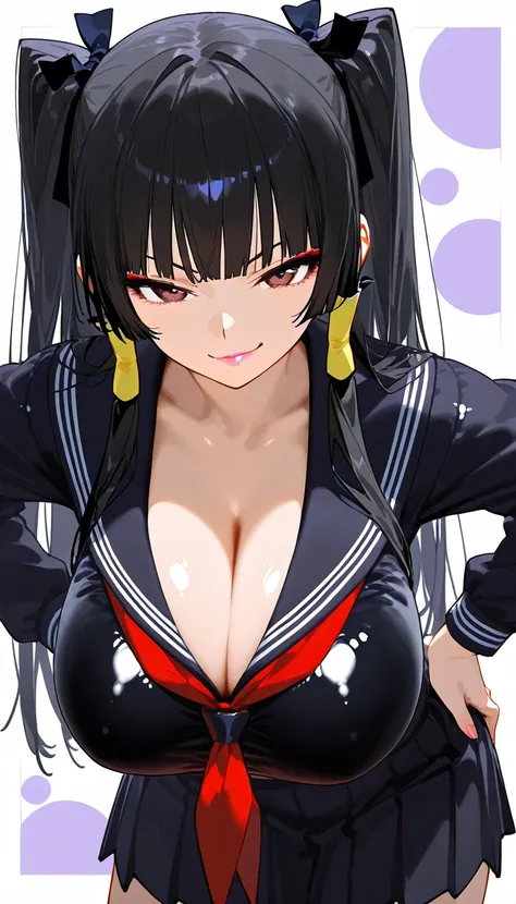 Score_9, score_8_up, score_7_up, score_6_up, source_anime, solo, 1girl, white background, abstract rectangular background, looking at viewer, BREAK 30-years-old, gyaru, nyotengu, , serafuku, huge breast, leaning forward, smirk, cleavage, hair ribbon shiny ...