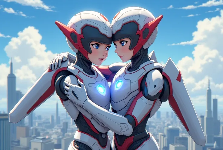 Japanese manga art. A young boy android and a young girl android, huging each other, over the skies of a futuristic city with friendly. Them sleek, aerodynamic armor is primarily white, accented with red and black, forming a high-tech bodysuit. A glowing b...