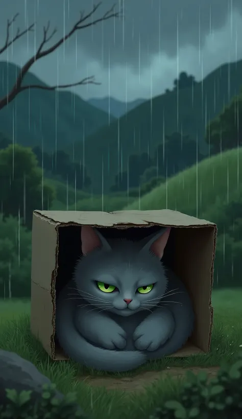 grey cat with green eye lived in an valley. One evening, the sky turned dark, and rain poured down, soaking Momo’s thin fur. She curled up in her cardboard box, shivering