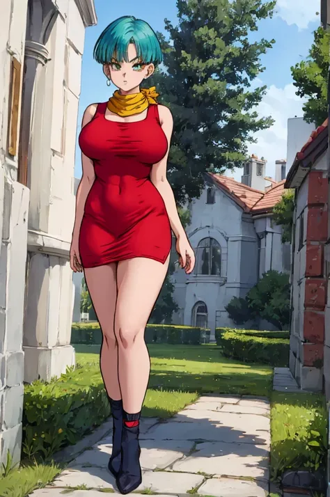 full body seen from below (( short green hair)).  (( anime bulma dragon ball z)) ((  red dress)) mujer 30 years old, (( short blue hair)), ((  with curves)),(( a yellow scarf)) ((  very short dress)) ((  strong legs)), ((  very narrow waist )) hay una muje...