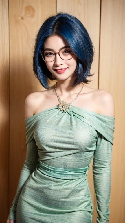 (best quality, masterpiece), 1girl, off shoulder,(soft colored hair:1.3), gradian blue hair color, girl's lovely room, 35 year old, smile, beaming face, extremely high resolution, photorealistic, RAW photography, depth of field, amazingly high detailed eye...