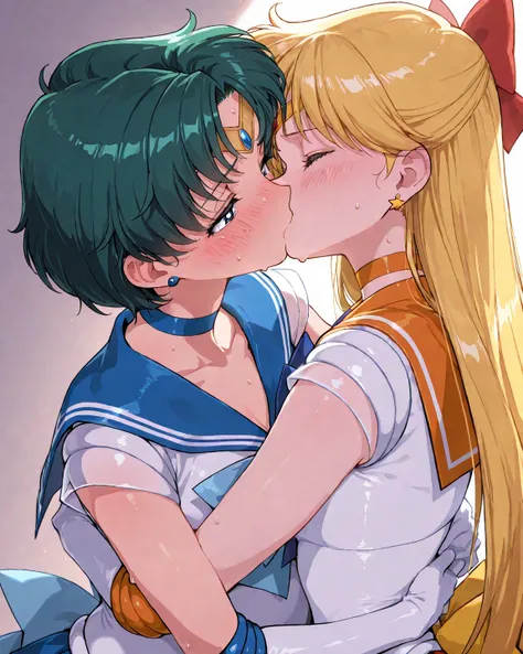 2girls, hug each other, upper body, Ultra detailed, best quality, beautiful, masterpiece,
BREAK (sailor mercury, embarrassing, blush, sweat,)
BREAK (sailor venus:1.2, Kiss on the cheek,)