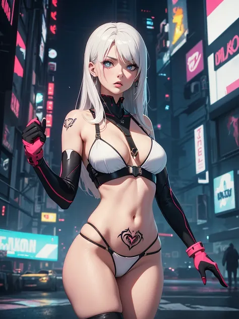 (((Young white woman))), (( The best quality )), (( masterpiece)), (Detail: 1.4), 3D,  A beautiful cyberpunk woman wearing a micro thong in the style of Simon Bisley, Evangelion neon-style clothing , 2-piece outfit,  long silver hair,  tattoo on the arm , ...