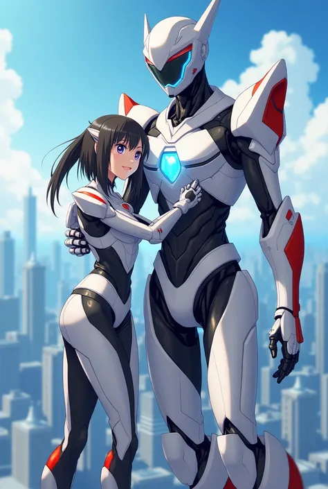 Japanese animation art. A tall boy android and a short girl android, huging each other, over the skies of a futuristic city with friendly. Them sleek, aerodynamic armor is primarily white, accented with red and black, forming a high-tech bodysuit. A glowin...