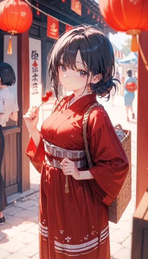 Bright red summer yukata  　  Adult women 　  dark eyes　    black hair　  I'm looking at food stalls along the way to the shrine at the fall festival 　 full body portrait in front of 　　   ponytail　here it is　   Cute Poses 