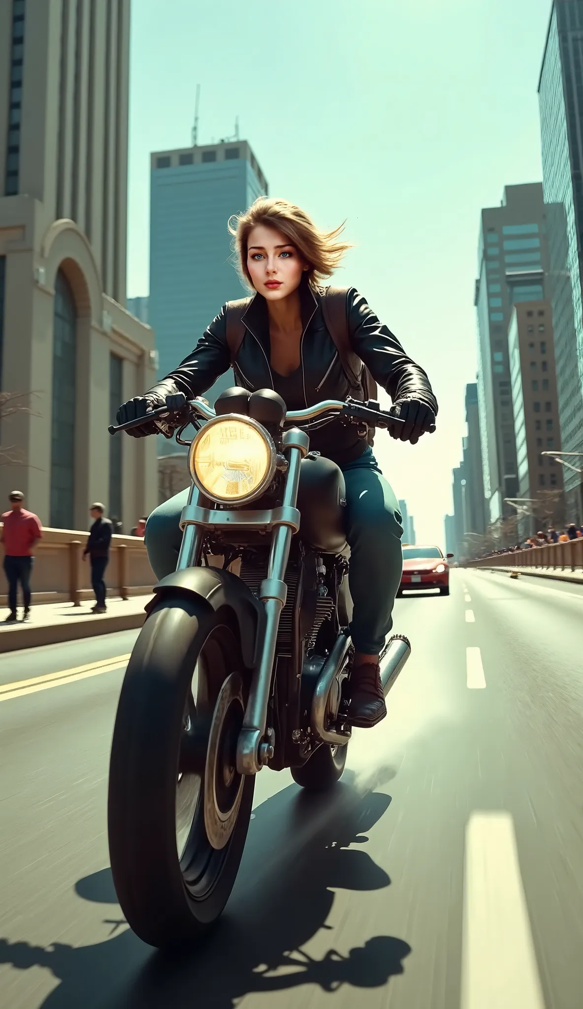  Woman with short hair on top of a motorbike,  black jacket,  jeans, Sports shoes,  at high speed,  crossing a bridge , Running away from the police, with a backpack, scenario:  a city with large buildings , people on the sidewalk , scenario detalhado,  Re...